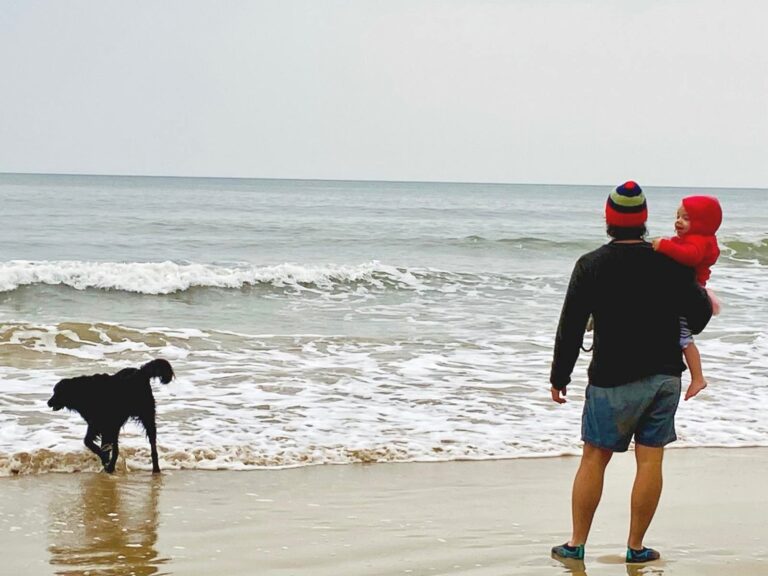 Father daughter and dog playing at beach